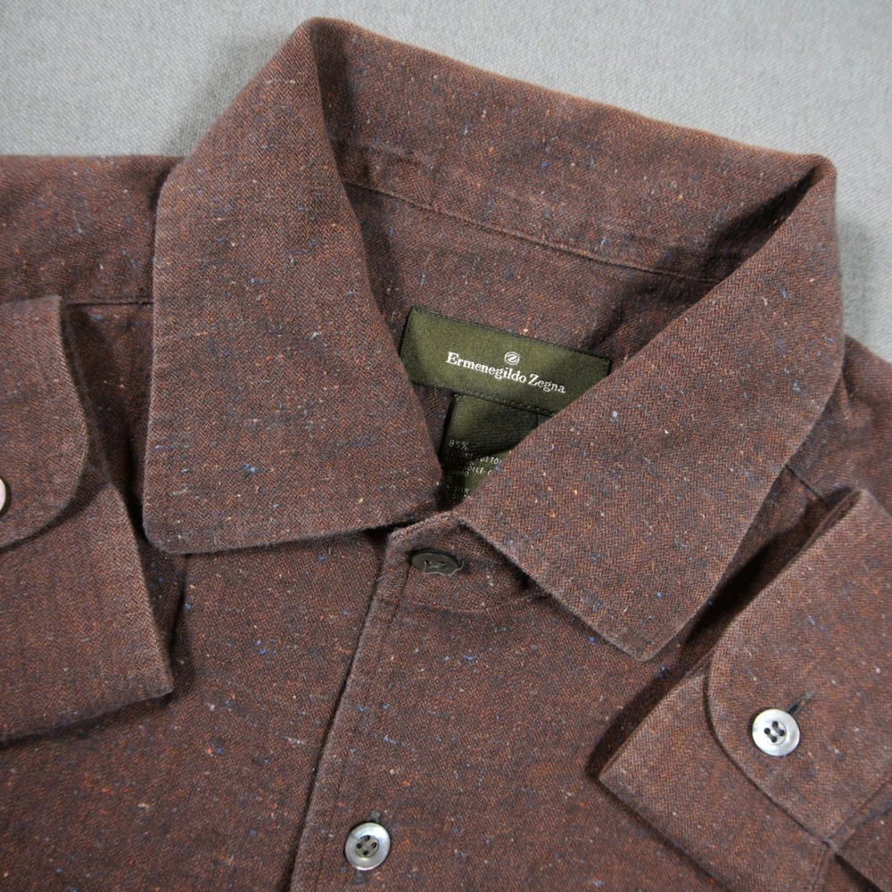 Ermenegildo Zegna Cotton Silk Herringbone Flecked Men Shirt L Office Business